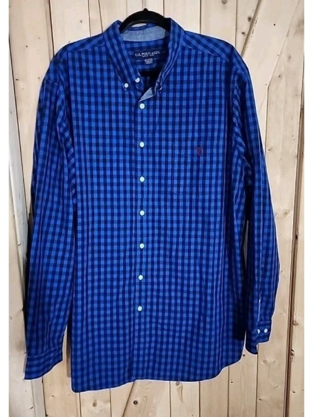 Polo ASSN Mens Shirt 2XLT Blue Black Plaid Button Down Long Sleeve Red PONY
